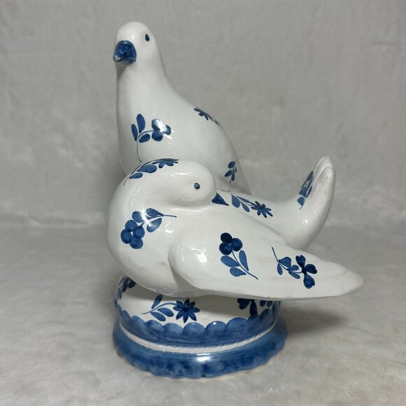 Vintage Signed AB Italy 2 Blue White Love Doves Figurine on base 1970's